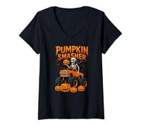 Donna Monster Truck Pumpkin Smasher Halloween Skeleton Ragazzi Ragazze Maglietta con Collo a V