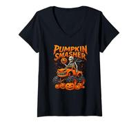 Donna Monster Truck Zucca Smasher Scheletro Halloween Ragazzi Ragazze Maglietta con Collo a V