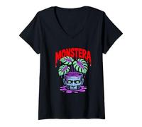 Donna Monstera Horror Testa Zombi Vaso Foglie Tropicali Maglietta con Collo a V