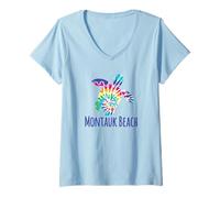 Donna Montuak Beach Long Island Tie Dye Batik Loggerhead Tartaruga Maglietta con Collo a V