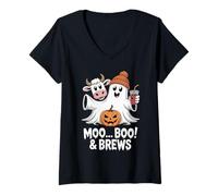 Donna Moo I Mean Boo And Brews Divertente Mucca Fantasma Halloween 2025 Maglietta con Collo a V