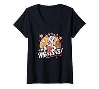 Donna Moo-La-La Retro Mucca Milkshake Diner Pinup Style Fun Retro Maglietta con Collo a V