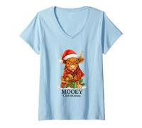 Donna Mooey Christmas Highland Cow Lights Cute Holiday Watercolor Maglietta con Collo a V