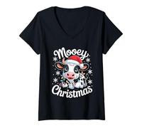 Donna Mooey - Mooey - Piccola Mucca Natalizia con Cappello di Babbo Natale e luci Maglietta con Collo a V