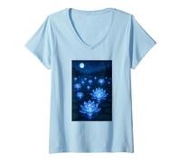 Donna Moonlit Lotus Lake Tranquil Night Water Garden Scena Opera d'Arte Maglietta con Collo a V