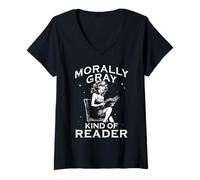 Donna Moralmente Grigio Tipo di Lettore Pinup Girl Bookworm Maglietta con Collo a V