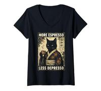 Donna More Espresso Less Depresso Cat Kimono Coffee Lover Maglietta con Collo a V
