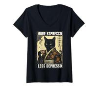 Donna More Espresso Less Depresso Cat Kimono Coffee Lover Maglietta con Collo a V