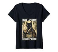 Donna More Espresso Less Depresso Cat Kimono Coffee Lover Maglietta con Collo a V