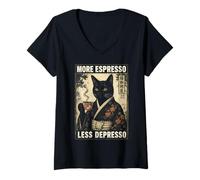 Donna More Espresso Less Depresso Cat Kimono Coffee Lover Maglietta con Collo a V
