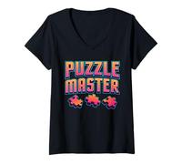 Donna More Puzzle Less Stress Jigsaw Lover Maglietta Grafica Colorata Maglietta con Collo a V