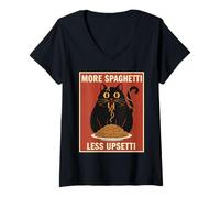 Donna More Spaghetti Less Upsetti Cat Design per Gli Amanti del Cibo Maglietta con Collo a V