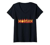 Donna Morgan On Fire - Decorazione con Nome e Scritta Cute Custom con Fiamme Maglietta con Collo a V