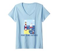 Donna Morris Island Lighthouse Whimsy Sea Gulls Sail Boat Beach Maglietta con Collo a V