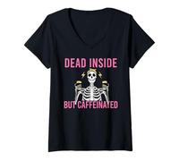 Donna Morto Dentro MA CAFFEINATO Divertente Skelton Coffee Meme Maglietta con Collo a V