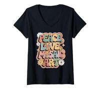 Donna Mosaico Artista 60s 70s Hippie Retro Peace Love Mosaico arte Maglietta con Collo a V