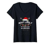 Donna Most Likely To Take A Nap Christmas Family Matching T-Shirt Maglietta con Collo a V