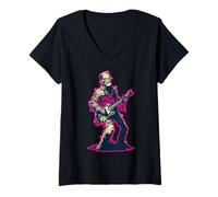 Donna Mostro di Frankenstein con Una Chitarra e Un Logo Death Rock Maglietta con Collo a V