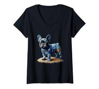 Donna Motivo Bulldog Patchwork Arte Bulldog Francese in Denim Cane Maglietta con Collo a V