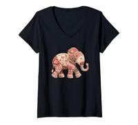Donna Motivo Floreale Vintage Boho Patchwork Elefante Maglietta con Collo a V