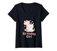 Donna Motivo Gatto per Il Primo Compleanno della Bambina Maglietta con Collo a V