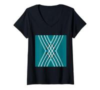Donna Motivo geometrico astratto Retro Line Art Teal Croci Maglietta con Collo a V