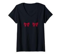 Donna Motivo Leopardato Doppio Fiocco Rosso Maglietta con Collo a V