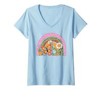 Donna Motivo retrò Arcobaleno Farfalla Felice Viso Fiore Leopardo Maglietta con Collo a V