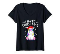 Donna Motivo Unicorno Natalizio I Hate Christmas Unicorn Maglietta con Collo a V