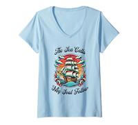 Donna Motivo vintage nave a vela, look retrò tatuaggio mare desiderio Maglietta con Collo a V