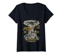 Donna Motocicletta Bakersfield California, stile retrò invecchiato Maglietta con Collo a V