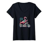 Donna Motocicletta Flamingo Palma Avventura Tropicale Maglietta con Collo a V
