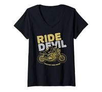 Donna Motociclista Ride Devil Move Fast Think Faster Biker Maglietta con Collo a V