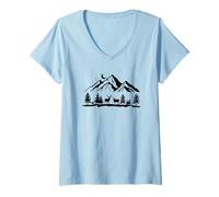 Donna Mountain Landscape Deer Wild Wildlife Nature Maglietta con Collo a V