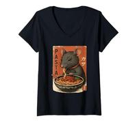 Donna Mouse Eating Pasta Noodles Kawaii Anime Stile Cute Retro Mouse Maglietta con Collo a V