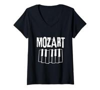 Donna Mozart Rock'N'Roll Pianoforte Classico Composizione Ritmo Maglietta con Collo a V