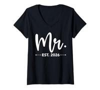 Donna Mr. EST. 2026 Just Married Promoted to Mr And Mrs Matching Maglietta con Collo a V