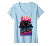 Donna MTV 1981 Astronauta Spazio Esplora L'Universo Retro Maglietta con Collo a V