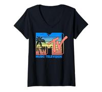 Donna MTV 80s Retro Sunset Palm Tree Horizon Maglietta con Collo a V