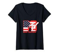 Donna MTV American Flag Red White And Blue Logo Music Television Maglietta con Collo a V