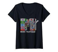 Donna MTV Distressed Global Flag Mosaic Logo Maglietta con Collo a V