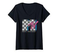 Donna MTV Distressed Vintage Checkerboard Logo Music Television Maglietta con Collo a V
