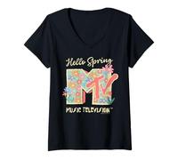 Donna MTV Hello Spring Floral Logo Retro 70s Flower Power Maglietta con Collo a V