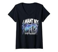 Donna MTV I Want My MTV Blue Lightning Bolt Maglietta con Collo a V