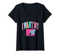 Donna MTV I Want My MTV Multi Color Pop Logo Maglietta con Collo a V