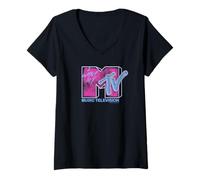 Donna MTV I Want My MTV Pink And Blue Neon 80s Aesthetic Maglietta con Collo a V