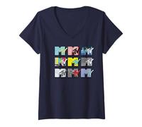 Donna MTV Loghi Multipli Musica Televisione Maglietta con Collo a V