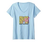 Donna MTV Logo Cheetah Print with Pink Accents Retro TV Maglietta con Collo a V