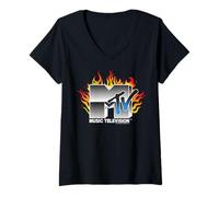 Donna MTV Music Television Chrome Logo with Flames Maglietta con Collo a V
