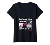 Donna MTV New York City I Want My MTV Logo Jumble Maglietta con Collo a V